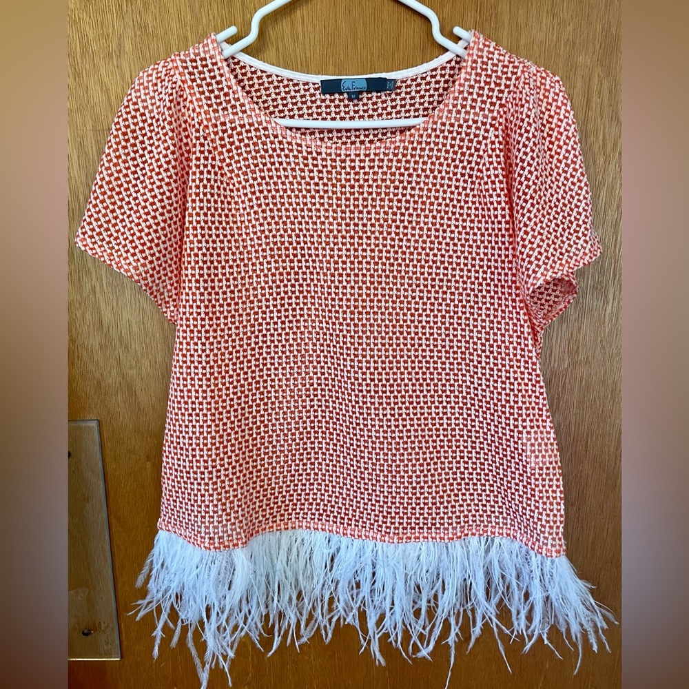 Eva Franco size medium orange and white feather trimmed top! Cotton poly blend